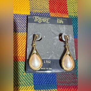 Trifari Gold and White Teardrop Earrings